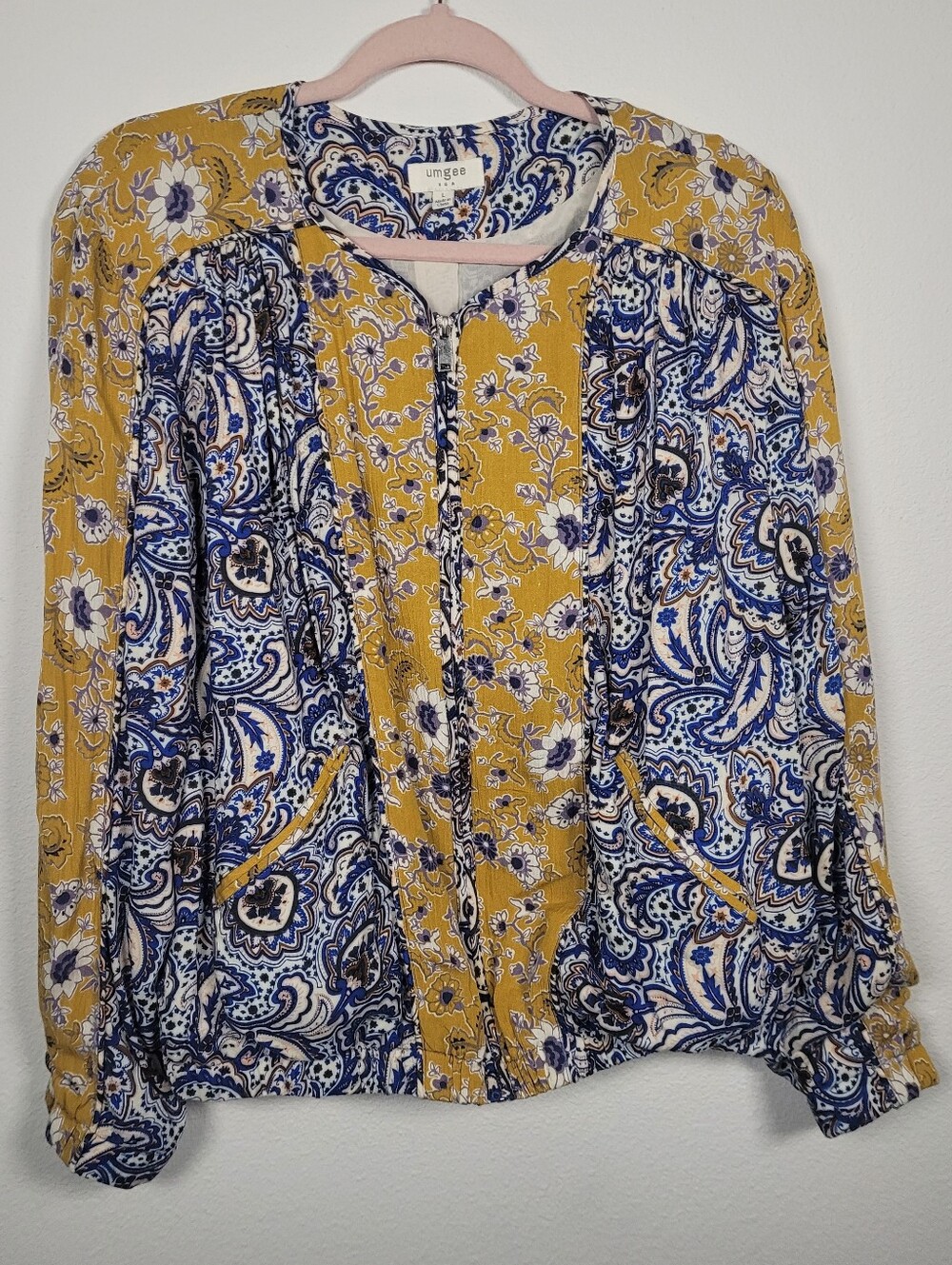 Umgee Boho Paisley Floral Mix Media Boho Zip Up Bomber Jacket Large Festival